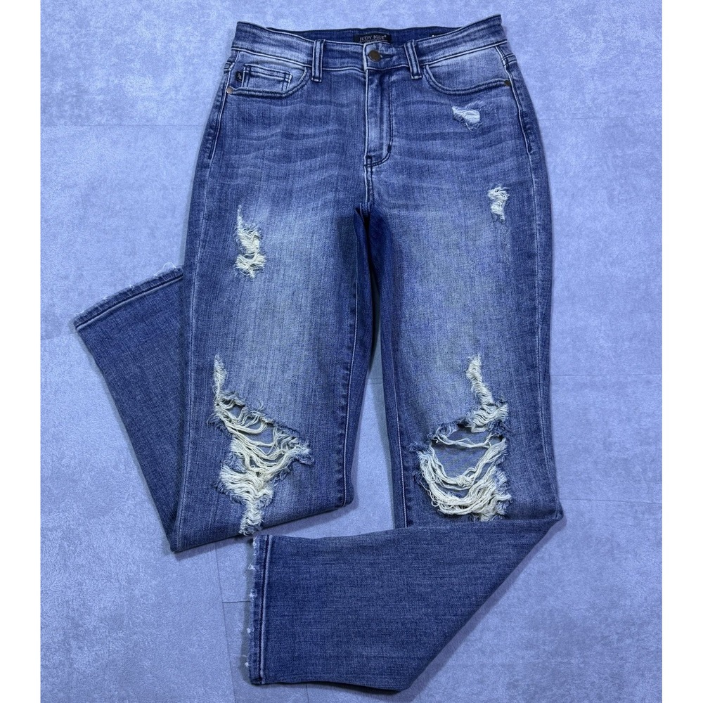 Judy Blue Jeans Womens 5/27 (27x30) Boyfriend Straight Slim Distressed Highrise